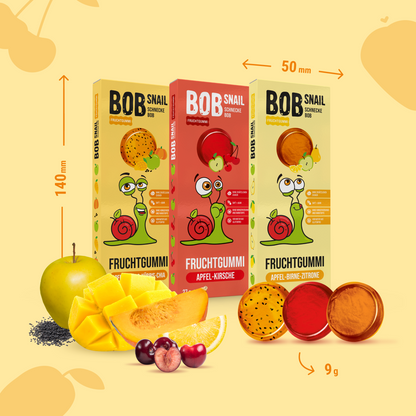 Bob Snail Set 25 - Fruchtgummies 12x27g Apfel-Mango-Kürbis-Chia & je 6x27g Apfel-Kirsche und Apfel-Birne-Zitrone