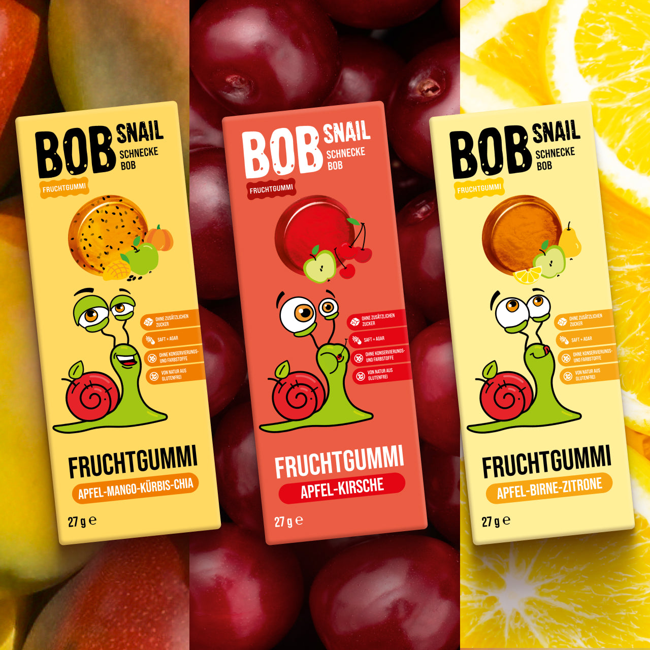 Bob Snail Set 25 - Fruchtgummies 12x27g Apfel-Mango-Kürbis-Chia & je 6x27g Apfel-Kirsche und Apfel-Birne-Zitrone