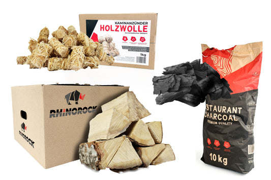 RHINOROCK BBQ & Kamin All-in-One Set – 35 kg (20 kg Buchenholz, 5 kg Holzwolle-Anzünder, 10 kg Grillholzkohle) – Für gemütliche Kaminabende & unvergessliche Grillfeste