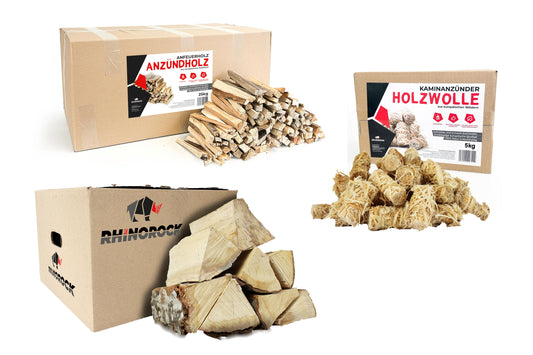 RHINOROCK Holz & Glut Mega Set – 55 kg (25 kg Anzündholz, 20 kg Buchenholz, 10 kg Holzwolle-Anzünder) – Für Kamin, Grill und Feuerstelle