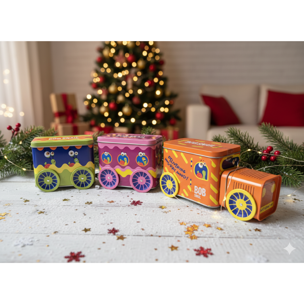 Bob Snail Weihnachtszug – 3-teiliges Fruchtsnack Geschenkbox Set Spielzeug und Stickerpack