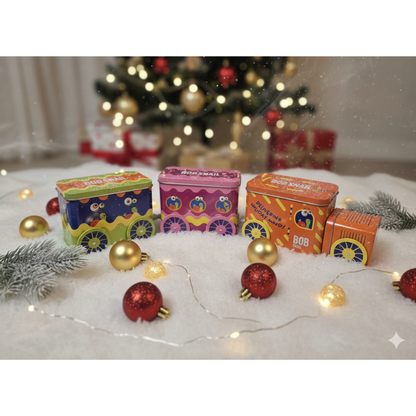 Bob Snail Weihnachtszug – 3-teiliges Fruchtsnack Geschenkbox Set Spielzeug und Stickerpack