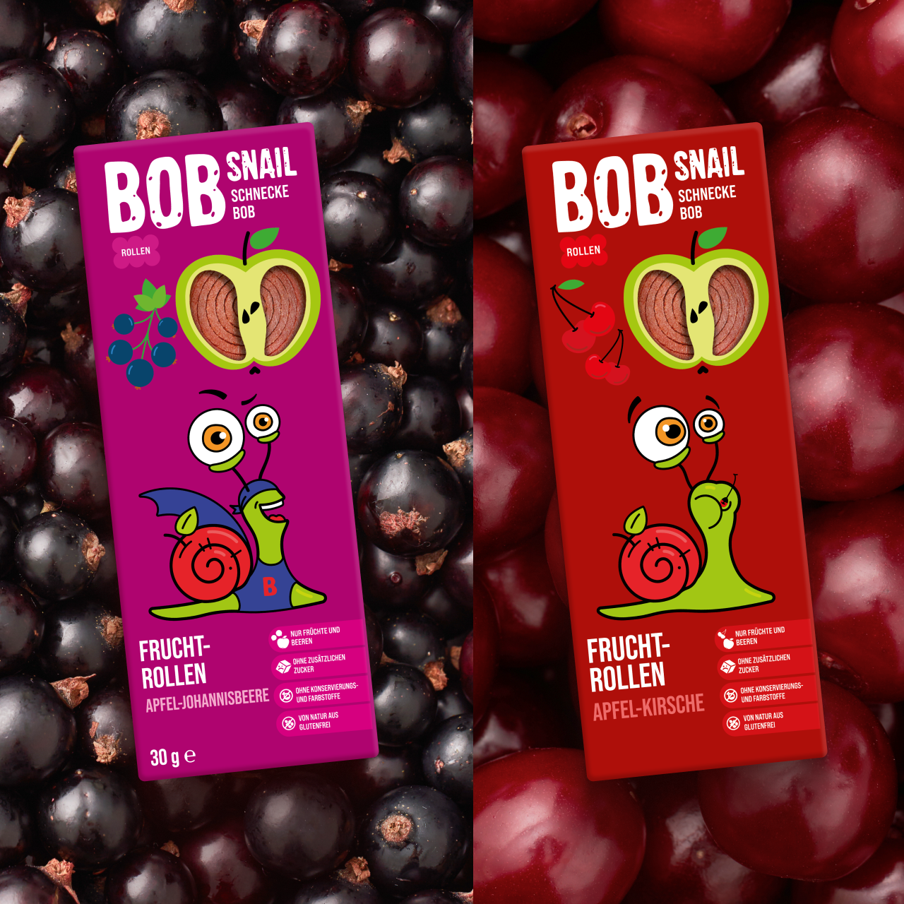 Bob Snail Set 18 - Fruchtrollen je 12 x 30g (Apfel-Kirsche, Apfel-Johannisbeere)