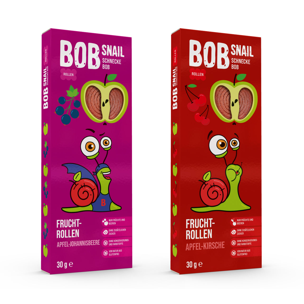 Bob Snail Set 18 - Fruchtrollen je 12 x 30g (Apfel-Kirsche, Apfel-Johannisbeere)