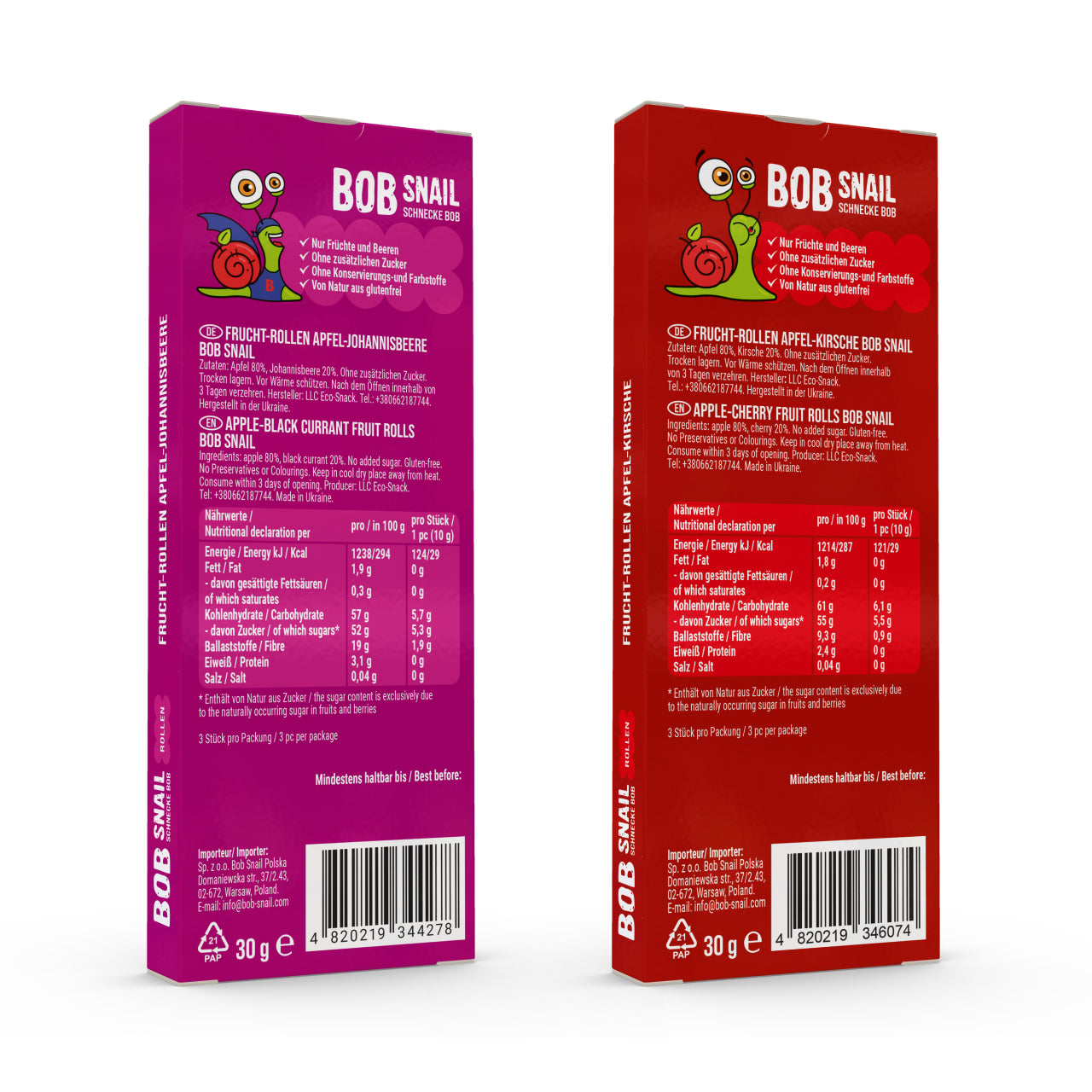 Bob Snail Set 18 - Fruchtrollen je 12 x 30g (Apfel-Kirsche, Apfel-Johannisbeere)