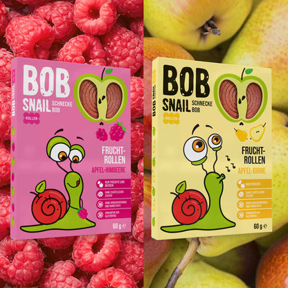 Bob Snail Fruchtrollen Set – Apfel-Birne & Apfel-Himbeere je 10 Fruchtrollen (insgesamt 20 Stück, 60 g) – 100 % Frucht, vegan, ohne Zuckerzusatz