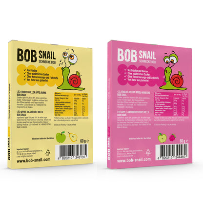 Bob Snail Fruchtrollen Set – Apfel-Birne & Apfel-Himbeere je 10 Fruchtrollen (insgesamt 20 Stück, 60 g) – 100 % Frucht, vegan, ohne Zuckerzusatz