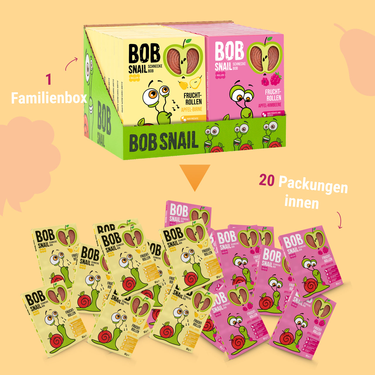 Bob Snail Fruchtrollen Set – Apfel-Birne & Apfel-Himbeere je 10 Fruchtrollen (insgesamt 20 Stück, 60 g) – 100 % Frucht, vegan, ohne Zuckerzusatz