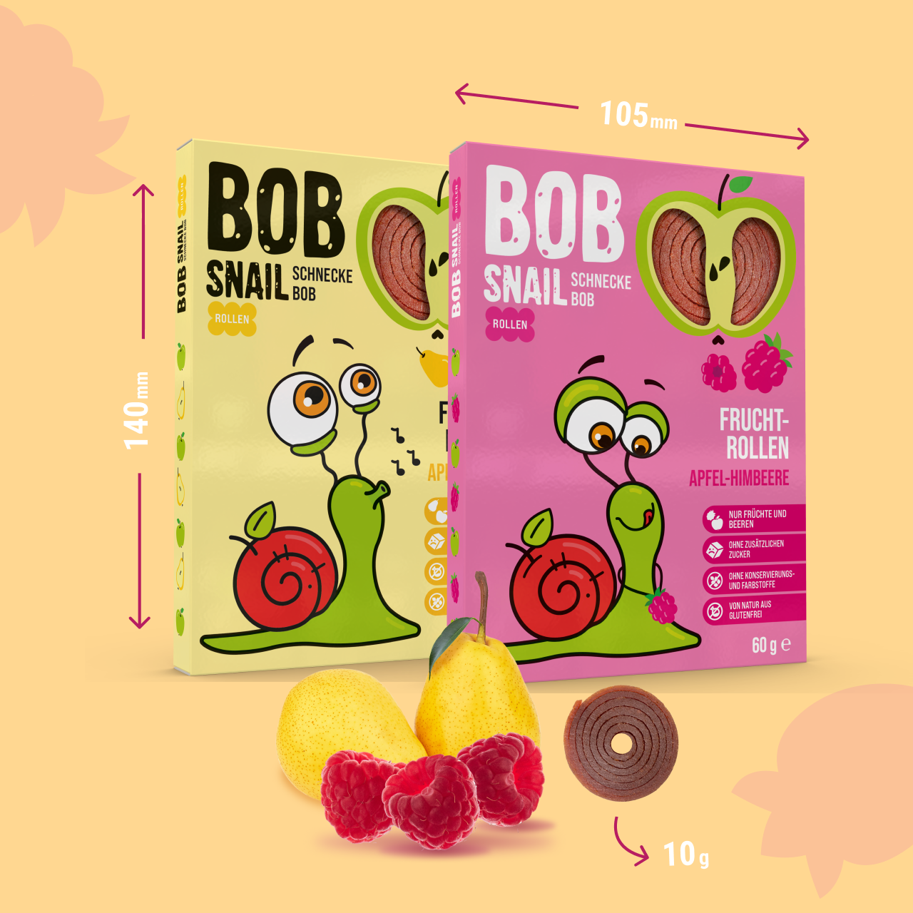 Bob Snail Fruchtrollen Set – Apfel-Birne & Apfel-Himbeere je 10 Fruchtrollen (insgesamt 20 Stück, 60 g) – 100 % Frucht, vegan, ohne Zuckerzusatz
