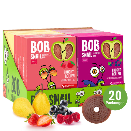 Bob Snail Fruchtrollen Set – Apfel-Erdbeere, Himbeere, Birne, Johannisbeere – 4 Sorten je 5 Packungen (60 g)