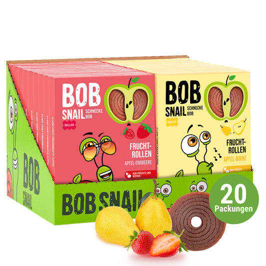 Bob Snail Fruchtrollen Set – Apfel-Erdbeere & Apfel-Birne – je 10 Fruchtrollen (insgesamt 20 Stück, 60 g) – 100 % Frucht, vegan, ohne Zuckerzusatz
