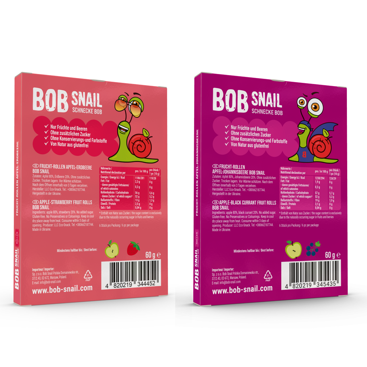 Bob Snail Set 11 - Fruchtrollen je 10 x 60g (Apfel-Erdbeere, Apfel-Johannisbeere)