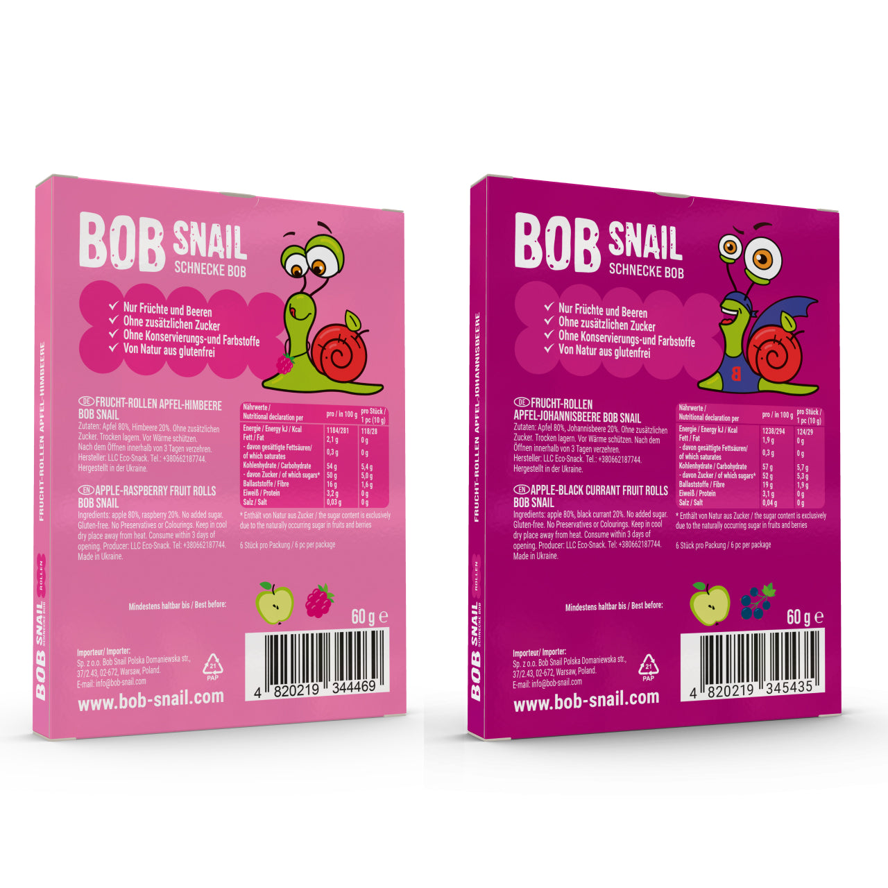Bob Snail Set 8 - Fruchtrollen je 10 x 60g (Apfel-Himbeere & Apfel-Johannisbeere) – 100 % Frucht, vegan, ohne Zuckerzusatz