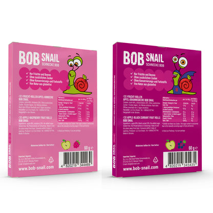 Bob Snail Set 8 - Fruchtrollen je 10 x 60g (Apfel-Himbeere & Apfel-Johannisbeere) – 100 % Frucht, vegan, ohne Zuckerzusatz