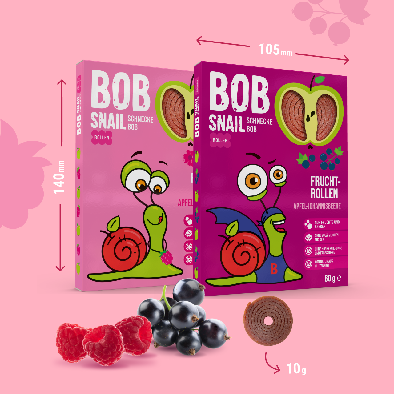 Bob Snail Set 8 - Fruchtrollen je 10 x 60g (Apfel-Himbeere & Apfel-Johannisbeere) – 100 % Frucht, vegan, ohne Zuckerzusatz
