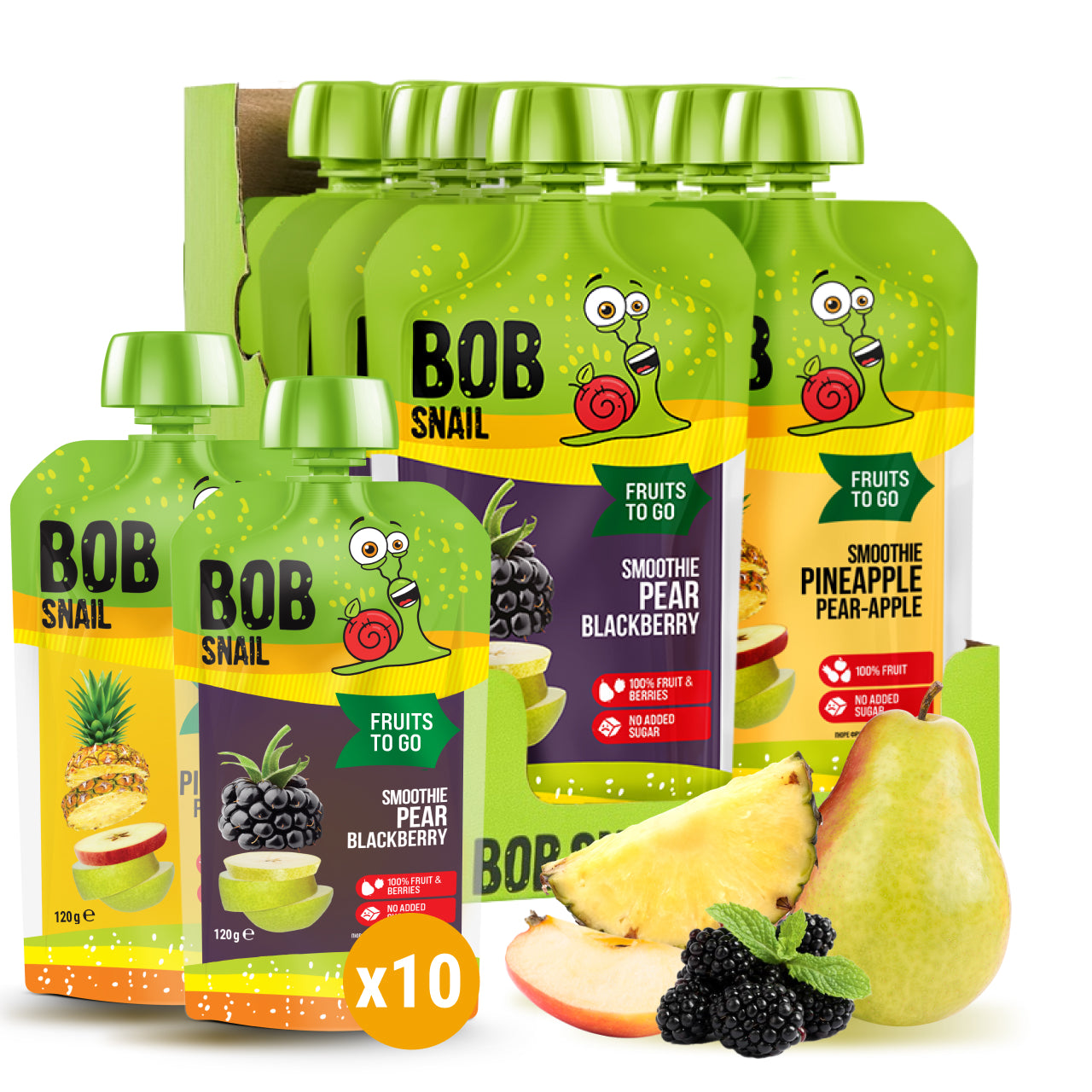 Bob Snail Set 12 - Frucht-Smoothies je 5 x 120g (Birne-Brombeere, Ananas-Birne-Apfel)