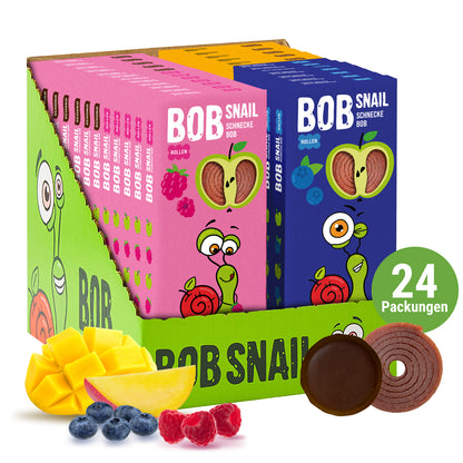 Bob Snail Set 6 – Fruchtrollen & Fruchtcrush je 6 x 30g (Rollen: Apfel-Heidelbeere, Apfel-Himbeere | Crush: Apfel-Himbeere, Mango)