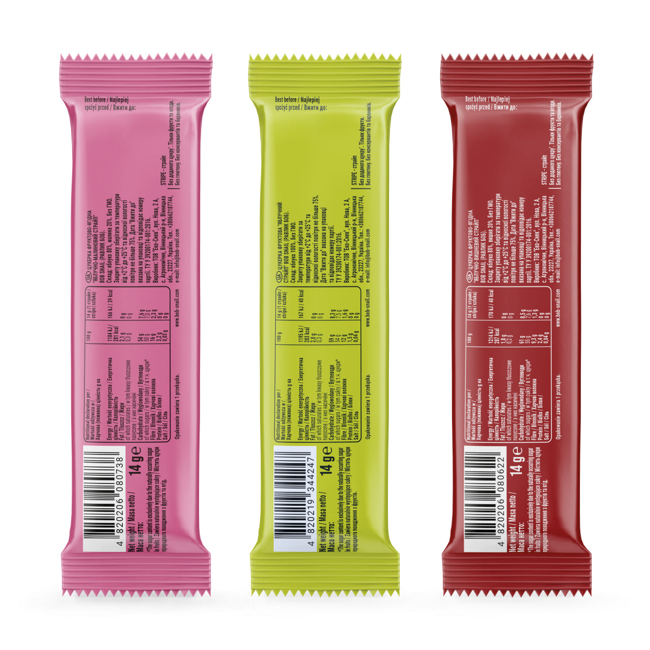 Bob Snail Set 23 - Fruchtstreifen je 10x14g Apfel-Himbeere, Apfel, Apfel-Kirsche