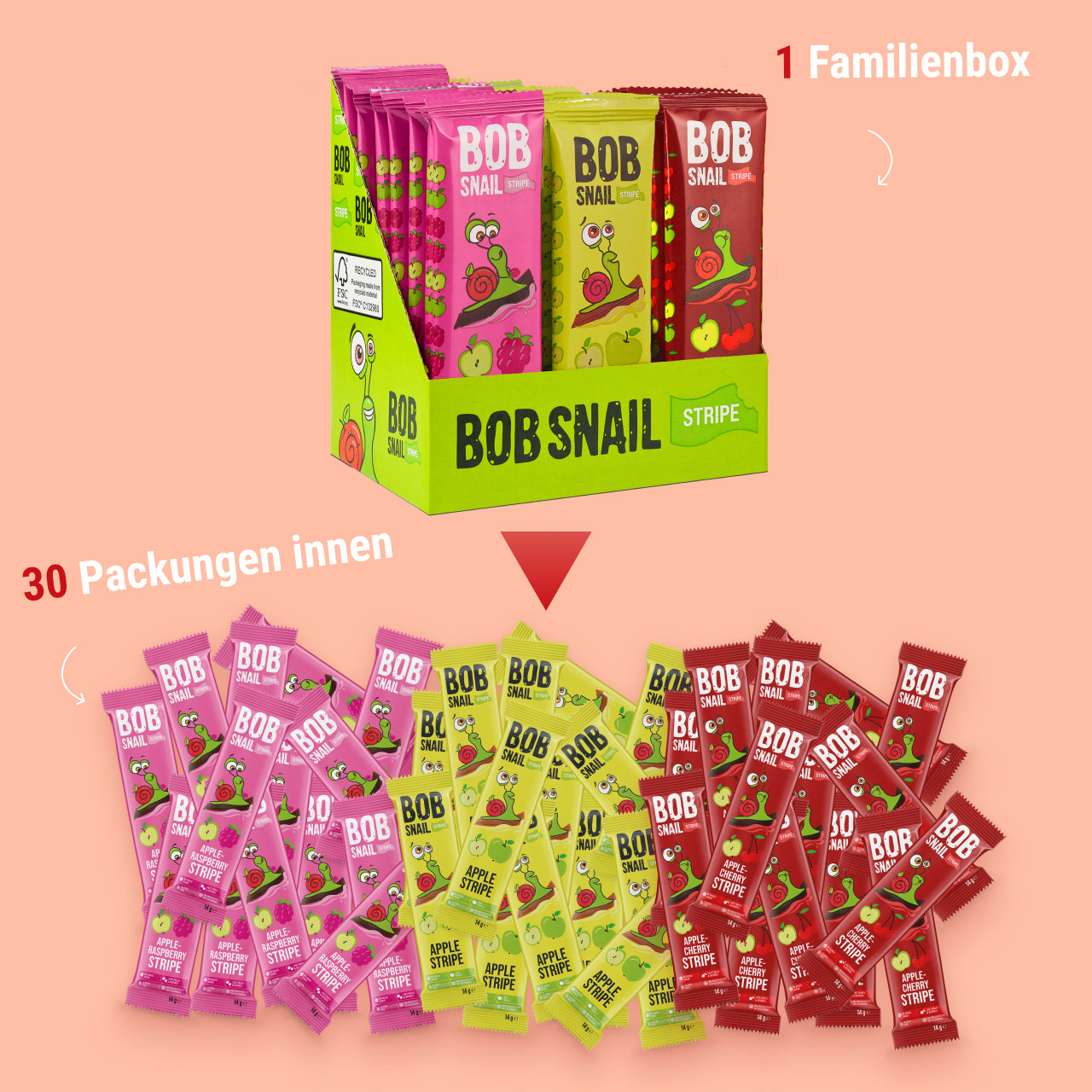 Bob Snail Set 23 - Fruchtstreifen je 10x14g Apfel-Himbeere, Apfel, Apfel-Kirsche