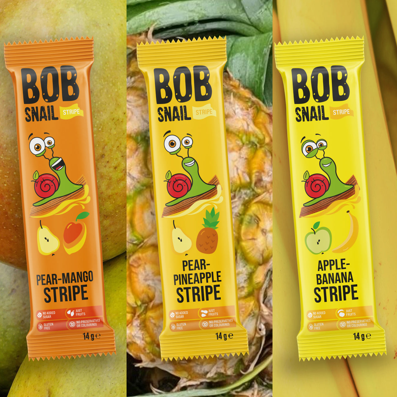 Bob Snail Set 24 - Fruchtstreifen je 10x14g Birne-Mango, Birne-Ananas, Apfel-Banane