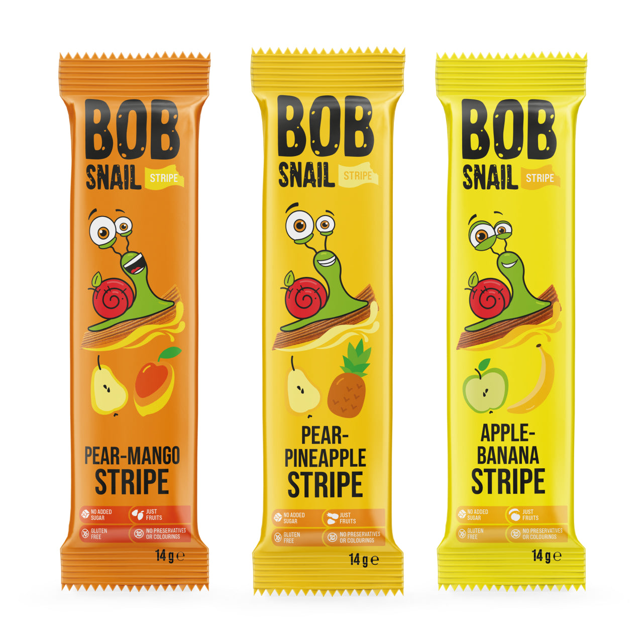 Bob Snail Set 24 - Fruchtstreifen je 10x14g Birne-Mango, Birne-Ananas, Apfel-Banane
