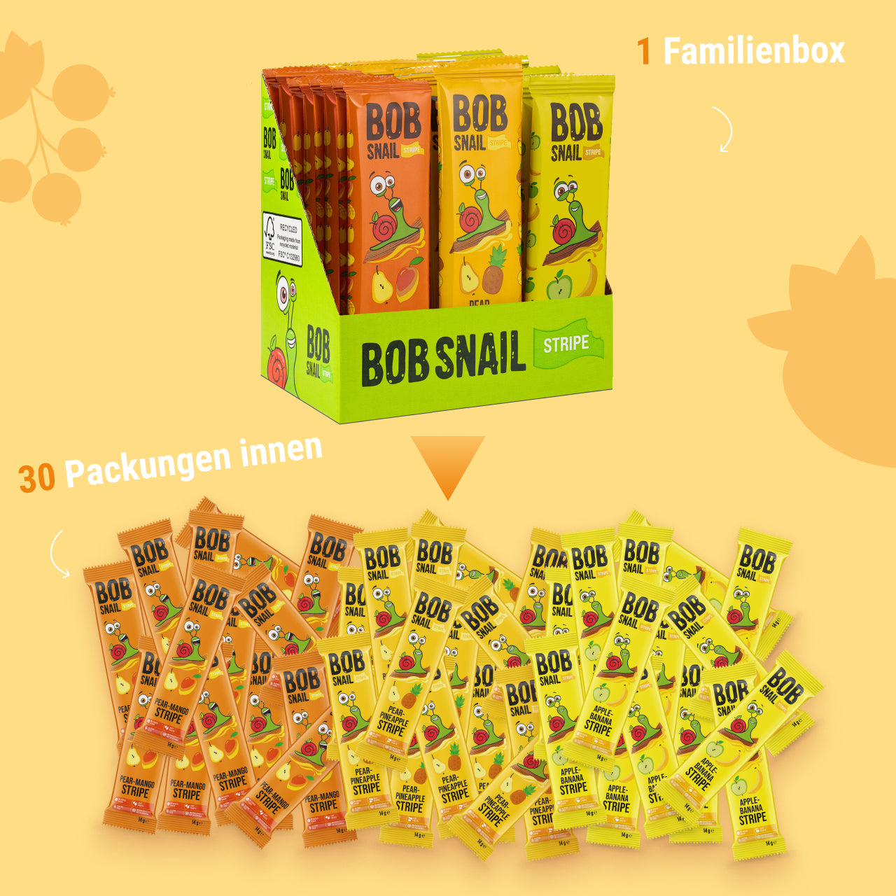 Bob Snail Set 24 - Fruchtstreifen je 10x14g Birne-Mango, Birne-Ananas, Apfel-Banane