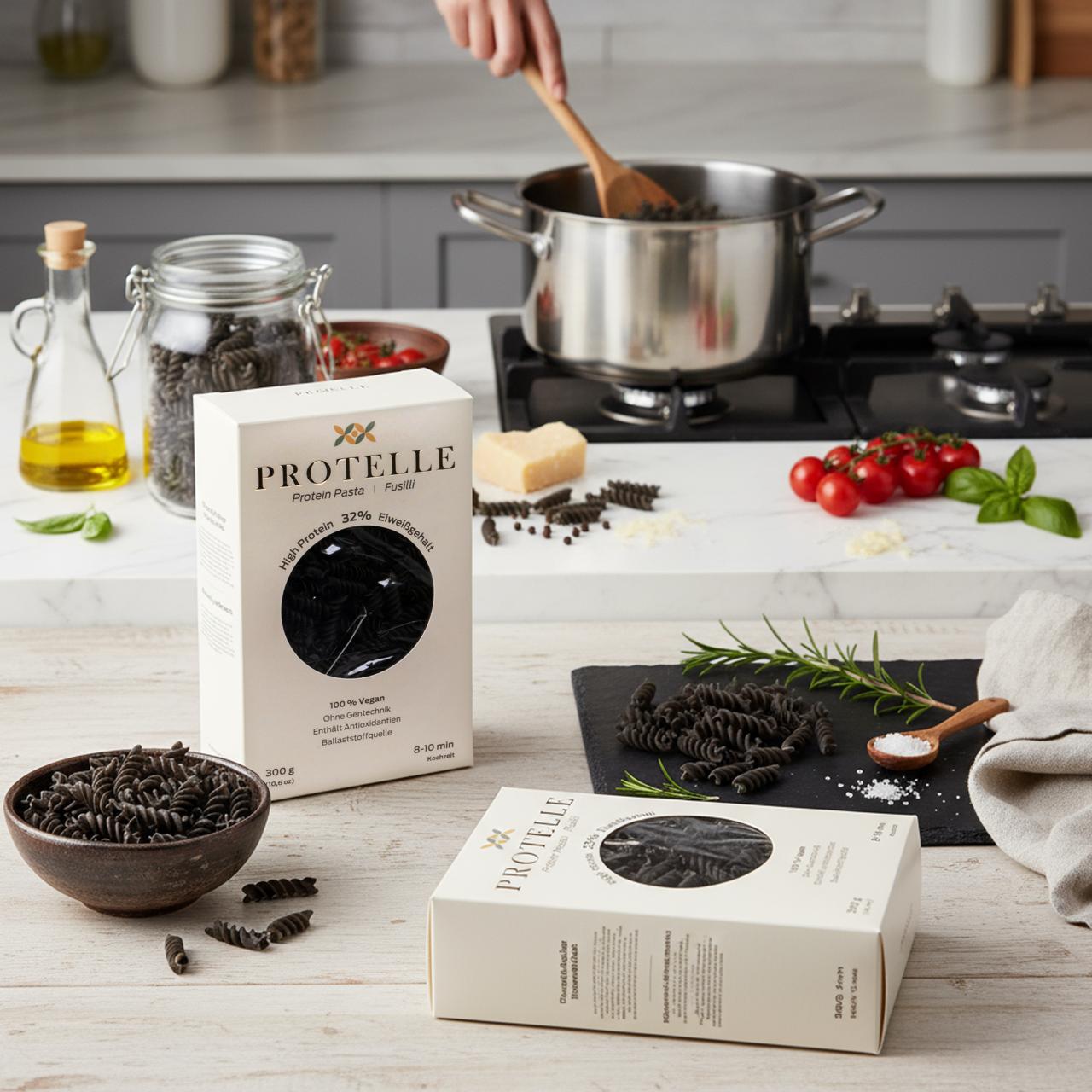 Protelle Vegane Proteinpasta Fusilli 6er Pack | 6x300g | 30% Pflanzliches Eiweiß  | High Protein & Low Carb Nudeln | Vorratspack